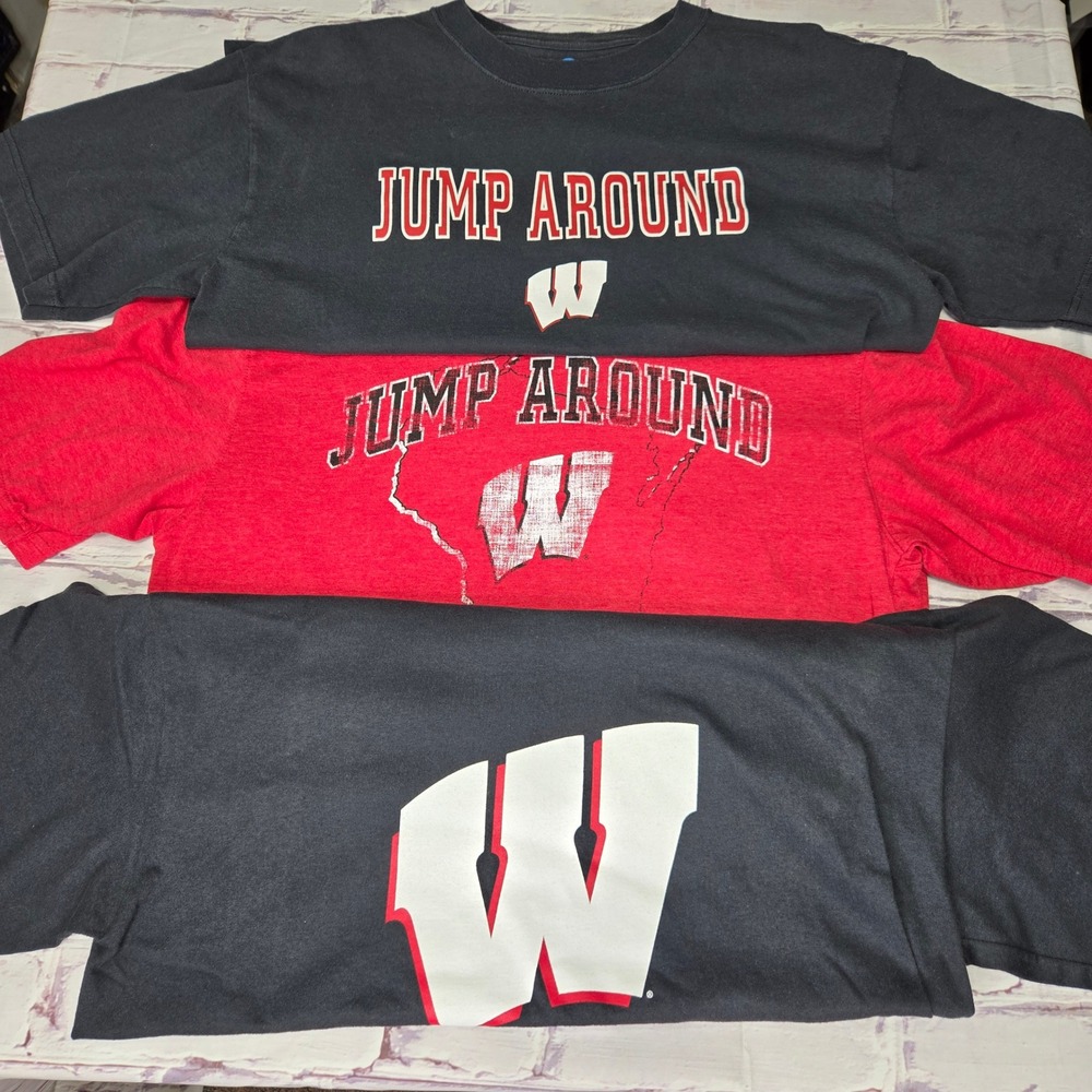 Lot of 3 Wisconsin Badgers Football NCAA T-Shirt Black Red Logo Mens Large